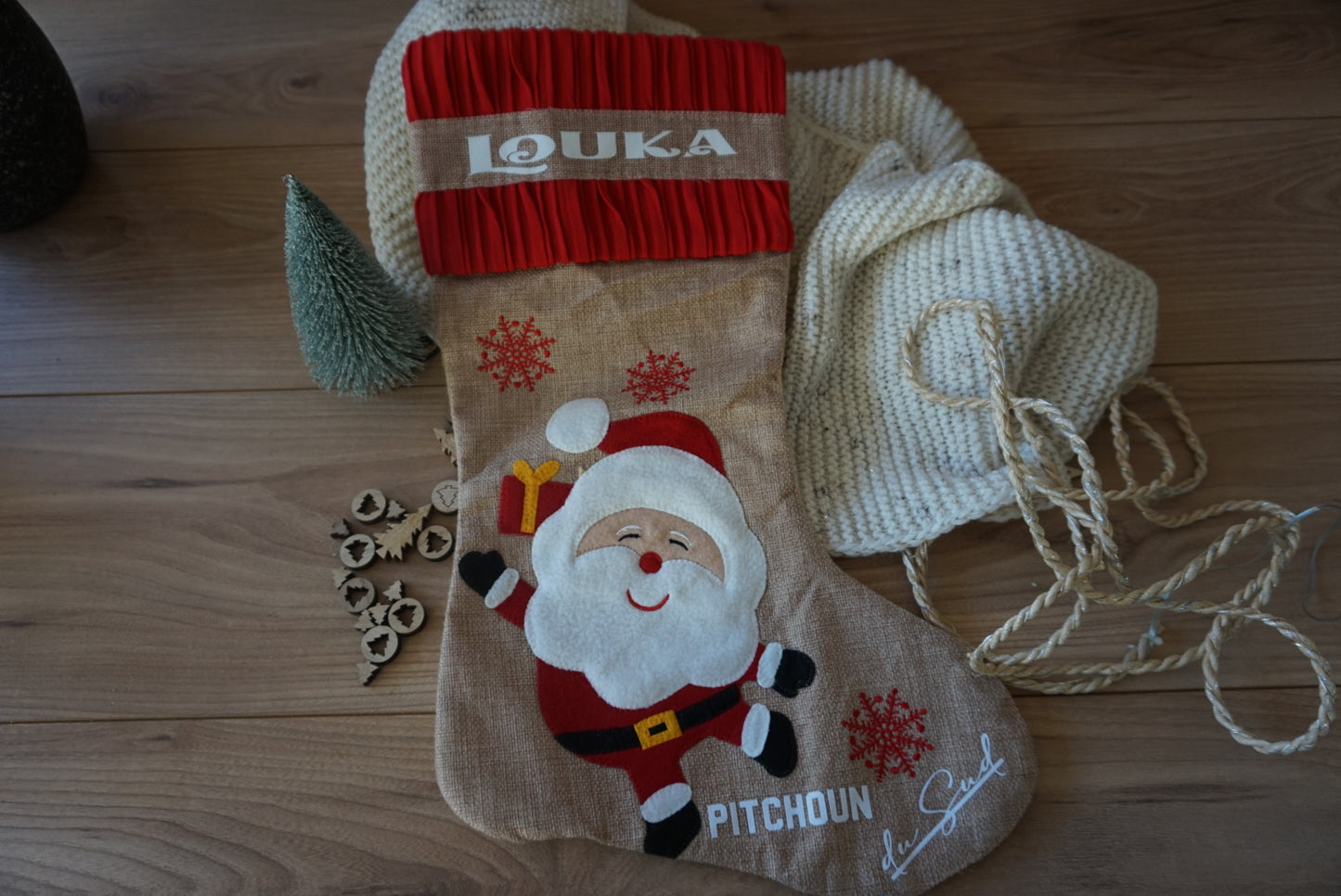Chaussette de Noël XXL flocage effet velours (Père Noël)